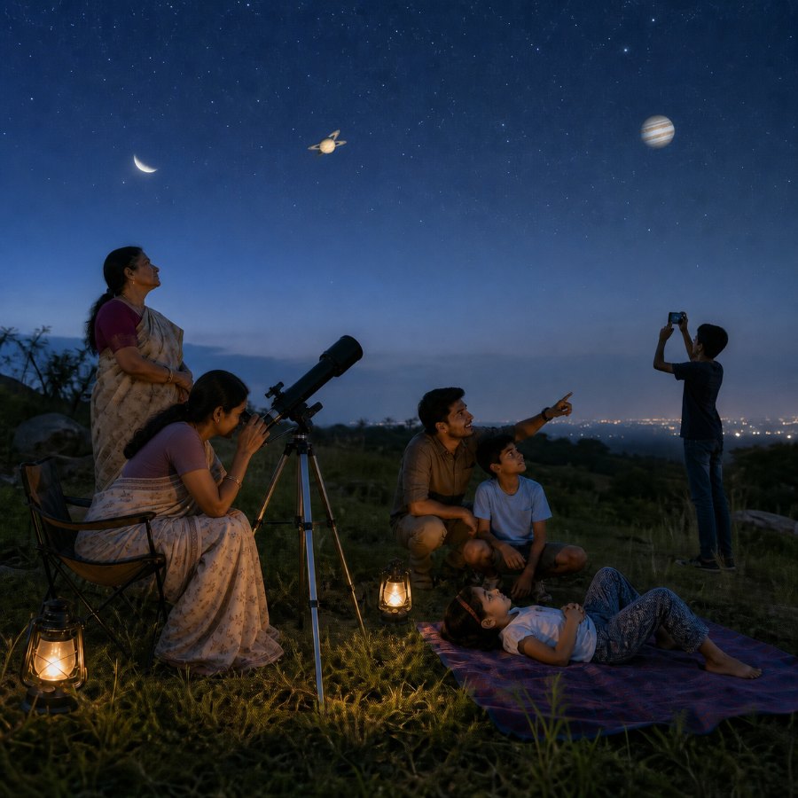 Family stargazing through a telescope on a hilltop above the Hyderabad city lights