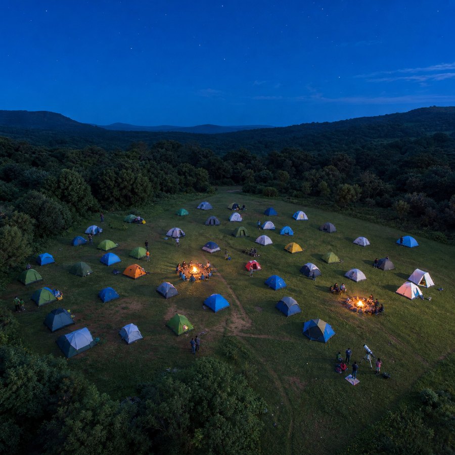 Overnight astro camping with tents and bonfires at a dark sky site near Hyderabad