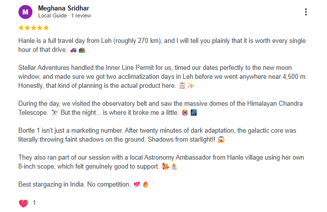Google review of Stellar Adventures Hanle Bortle 1 dark sky stargazing trip in Ladakh