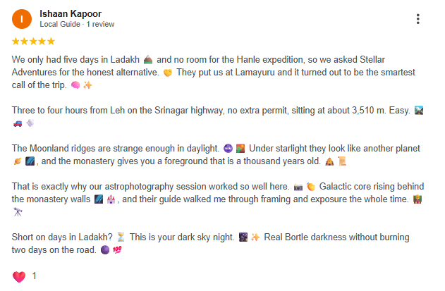 Google review of a Stellar Adventures Lamayuru Moonland astrophotography night in Ladakh