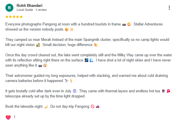 Google review of Stellar Adventures Pangong Lake night camp and Milky Way astrophotography in Ladakh