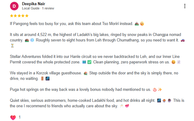 Google review of Stellar Adventures Tso Moriri and Korzok village dark sky stay in Ladakh
