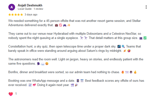 Google review of a Stellar Adventures corporate team offsite stargazing event near Hyderabad