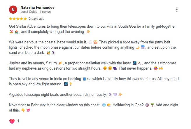 Google review of a Stellar Adventures telescope stargazing night at a South Goa villa
