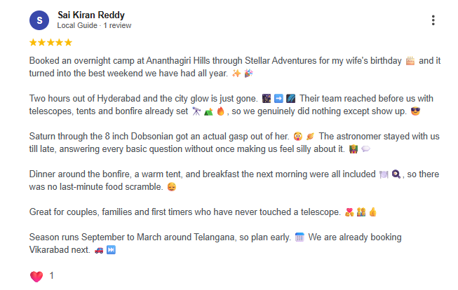 Google review of Stellar Adventures overnight stargazing camp at Ananthagiri Hills near Hyderabad