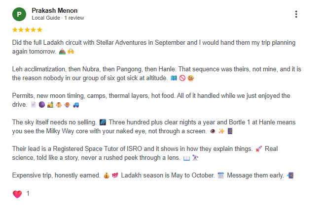 Google review of the Stellar Adventures Ladakh stargazing circuit covering Leh, Nubra, Pangong and Hanle