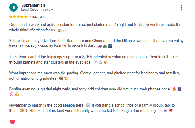Google review of a Stellar Adventures school astronomy and stargazing session at Yelagiri Hills